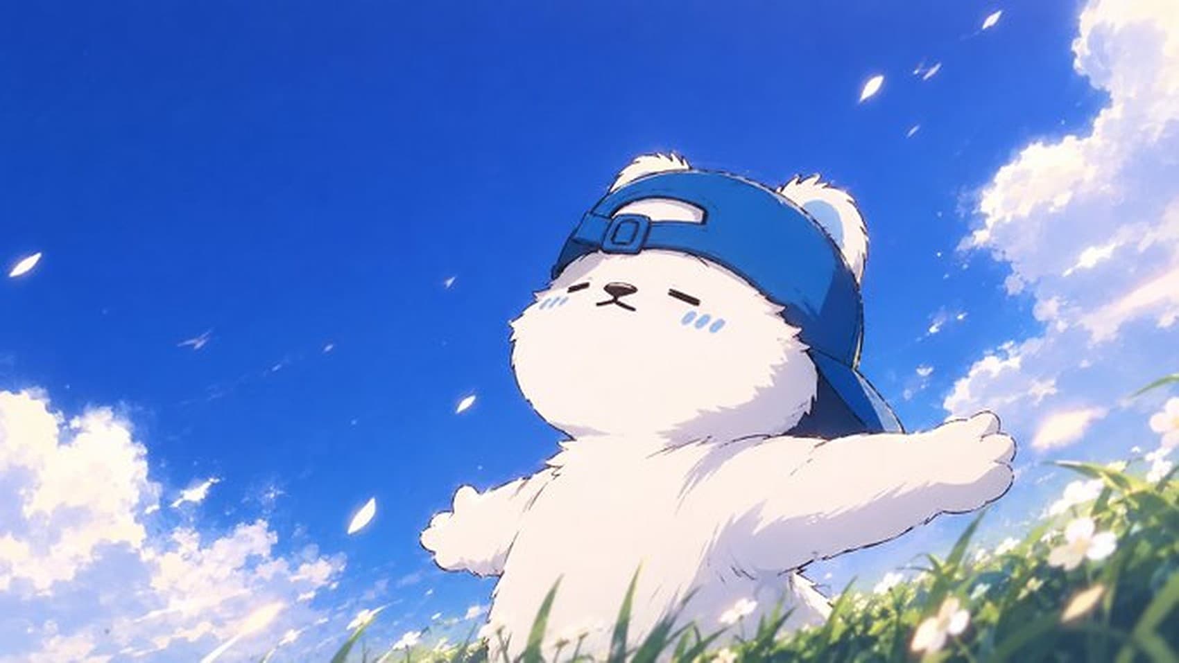 Momin's bear character standing in a sunlit meadow under an open sky